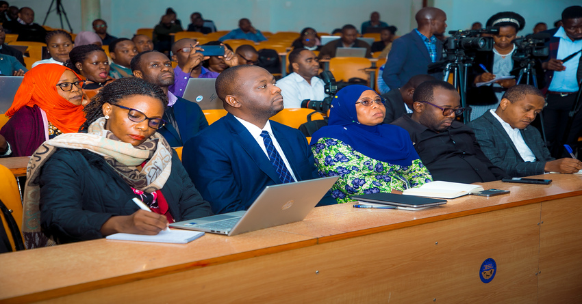 Permanent Secretary to the Ministry of Information, Communication and Information Technology Mohammed Abdulla (second left) and members of Management of the ministry (seated front), listen to presentation on NeST by PPRA Director of Information Systems, Michael Moshiro, recently in Iringa